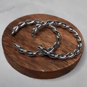 Large Silver Tone Twist Hoop Earrings